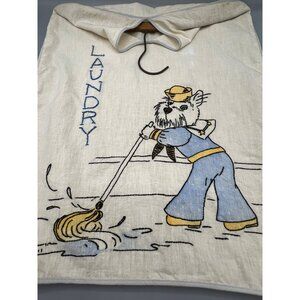 Vtg Laundry Bag With Mop Dog Design Seed Sack Cloth 50's Vibe Wooden Hanger